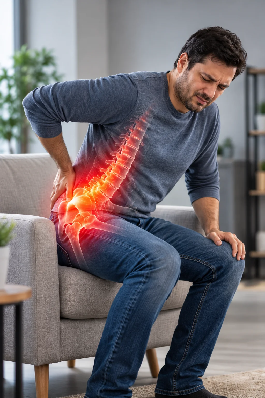 Illustration of a person sitting with discomfort in their lower back and hip