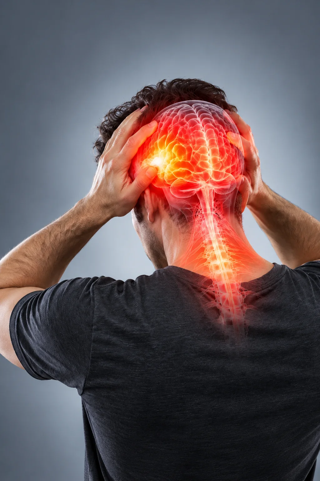 Illustration of a person holding their head with the head and neck highlighted