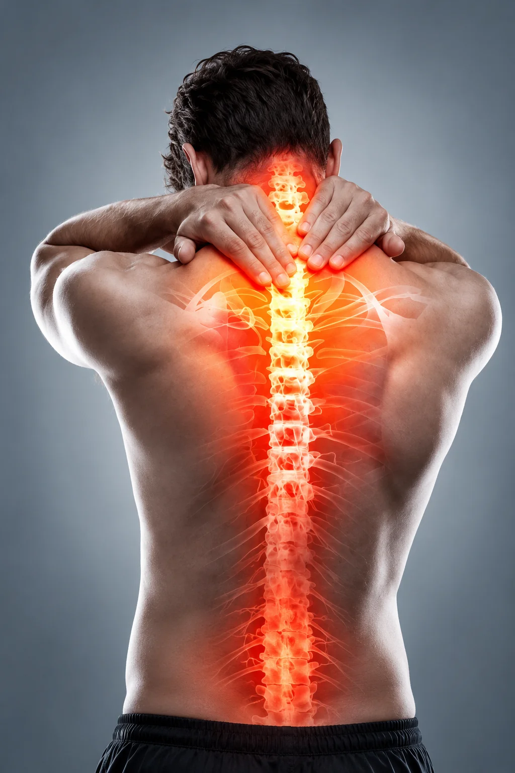 Illustration of a person holding their neck with the spine highlighted