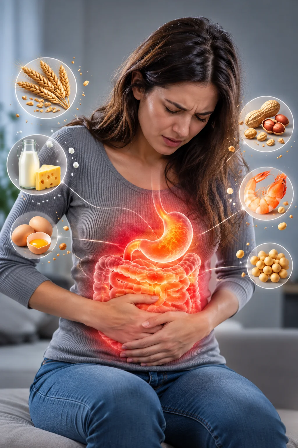 Illustration of digestive discomfort with different foods pictured nearby